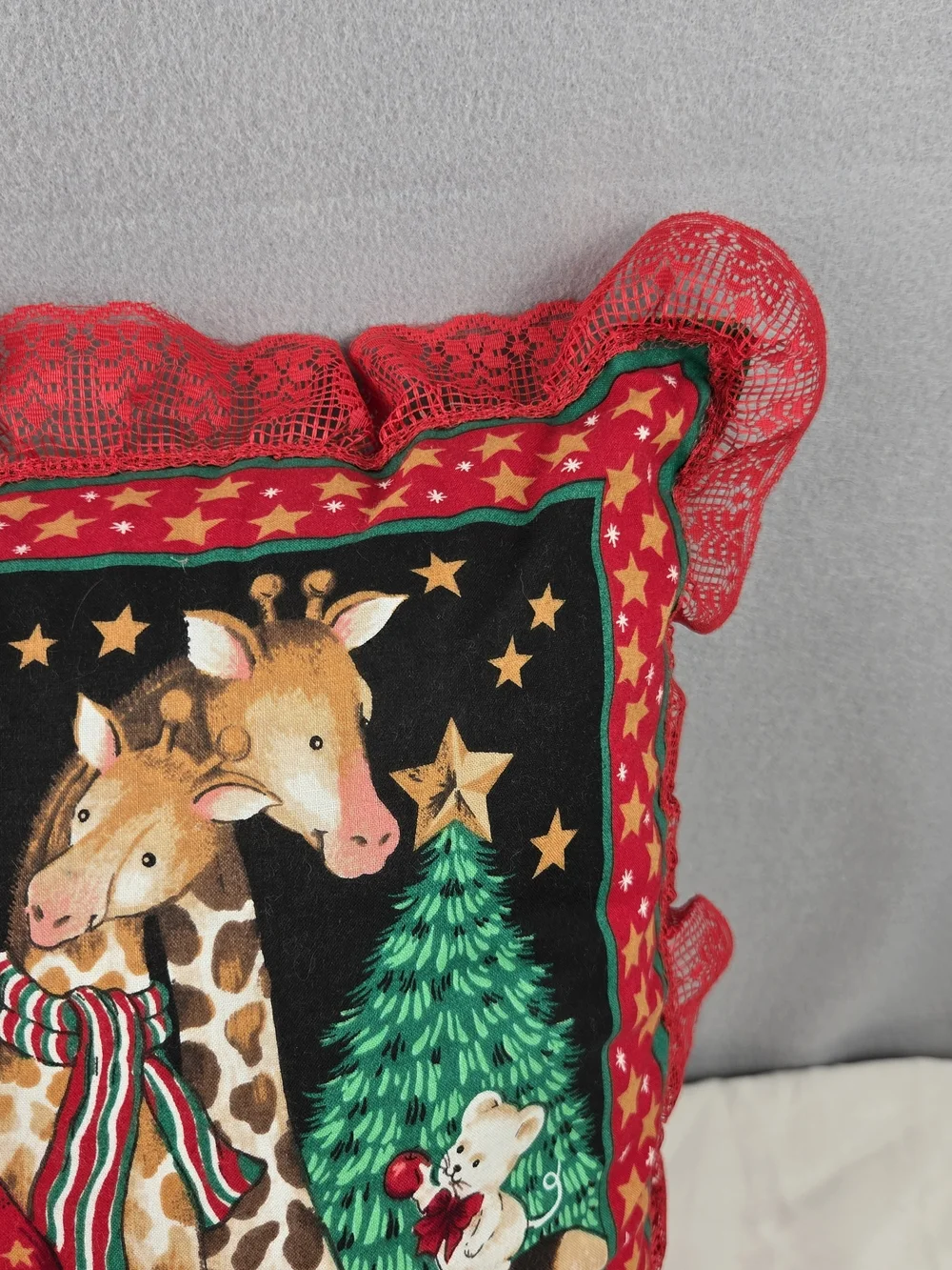 Vintage Handmade Noah's Ark Christmas Throw Pillow Red Lace Ruffle